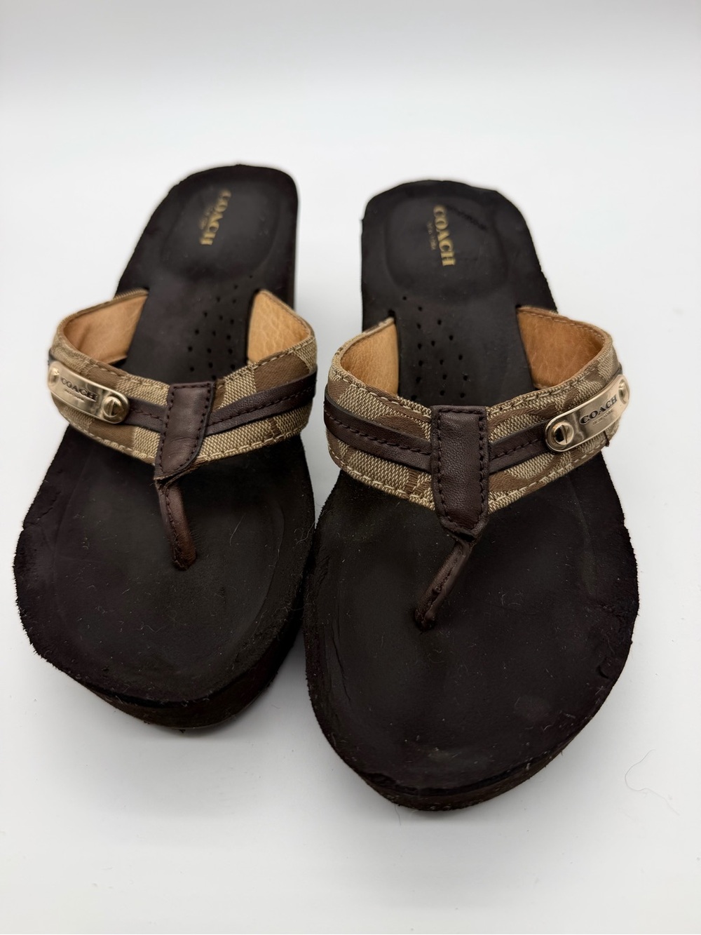 Coach Brown and Tan Signature Thong Sandals